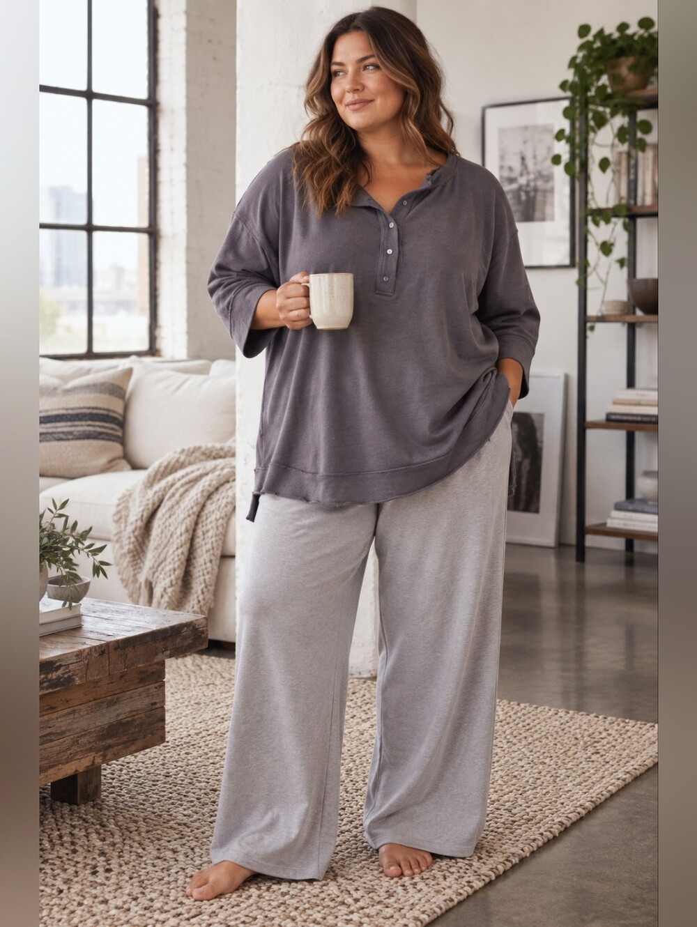 Intimately Free People Organic Cotton Henley Pullover in Incense Women's XL